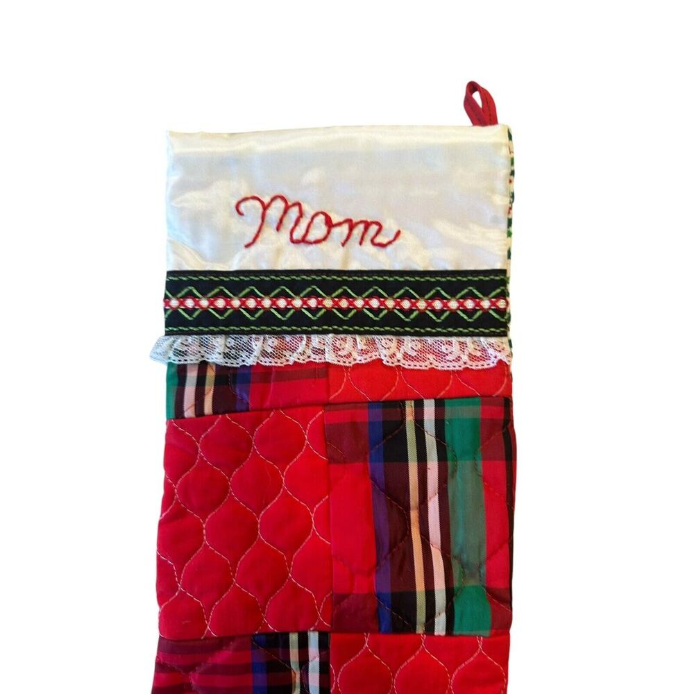 VTG Handmade MOM Christmas Stocking Holiday Fabric Patchwork Quilted - Picture 3 of 6